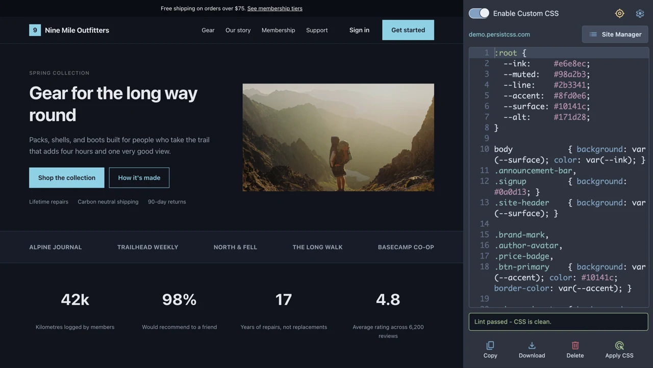 The PersistCSS side panel docked to the right of a dark-themed page, showing syntax-highlighted CSS custom properties and a green lint message reading CSS is clean.