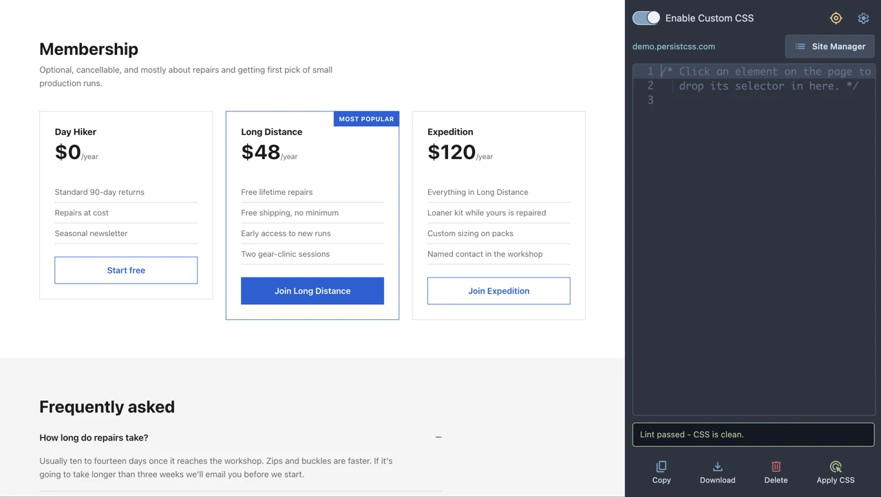 The element picker highlighting a pricing card on the page, with its generated selector dropped into the panel's editor.