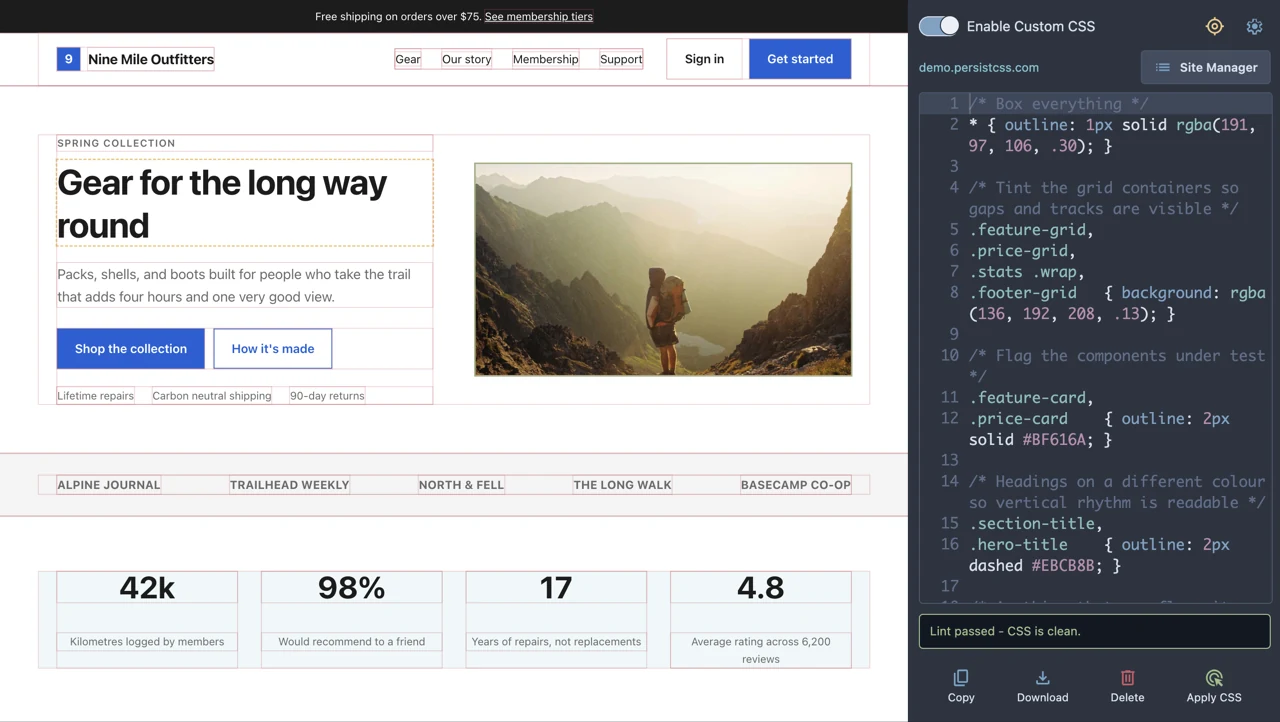 A page with every element outlined in a debug colour, revealing the underlying box structure, driven by the CSS in the panel beside it.